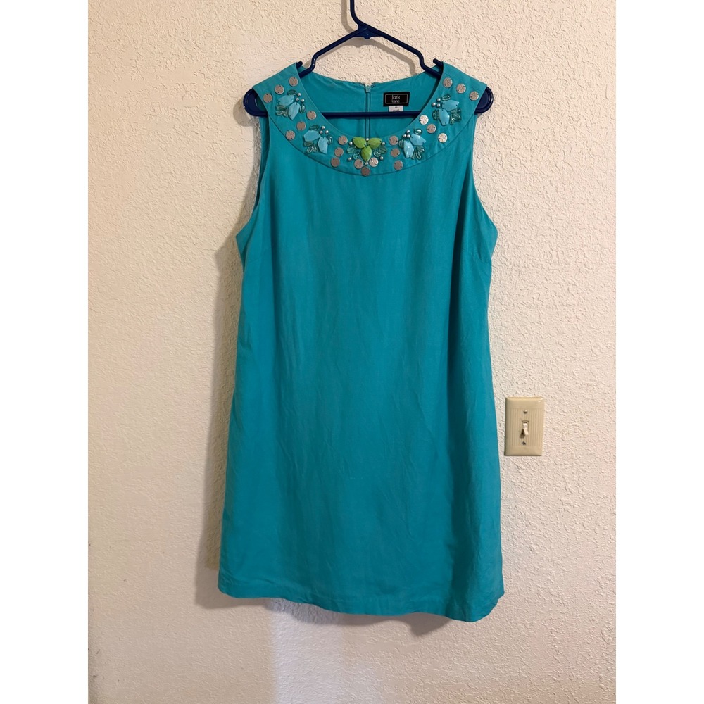 Lark Lane Turquoise Linen Blend Embellished Neckline Shift Dress Size 16